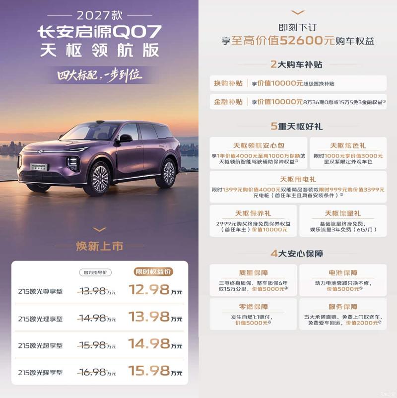 2027款启源Q07天枢领航版上市 4款配置/12.98万起 标配激光雷达